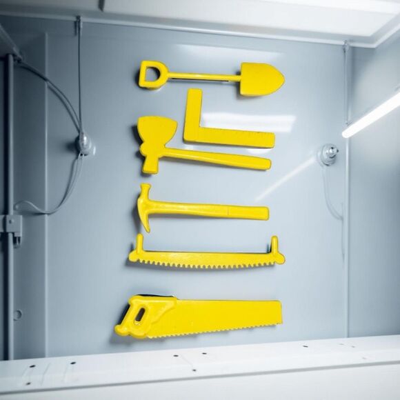 Vintage Yellow Plastic Charm Crafts Tools Cake Topper Hammer Saw Shovel 2” B17 - Picture 4 of 4